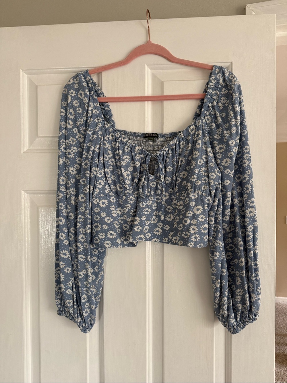 Blue Floral Peasant Crop Top with Long Sleeves